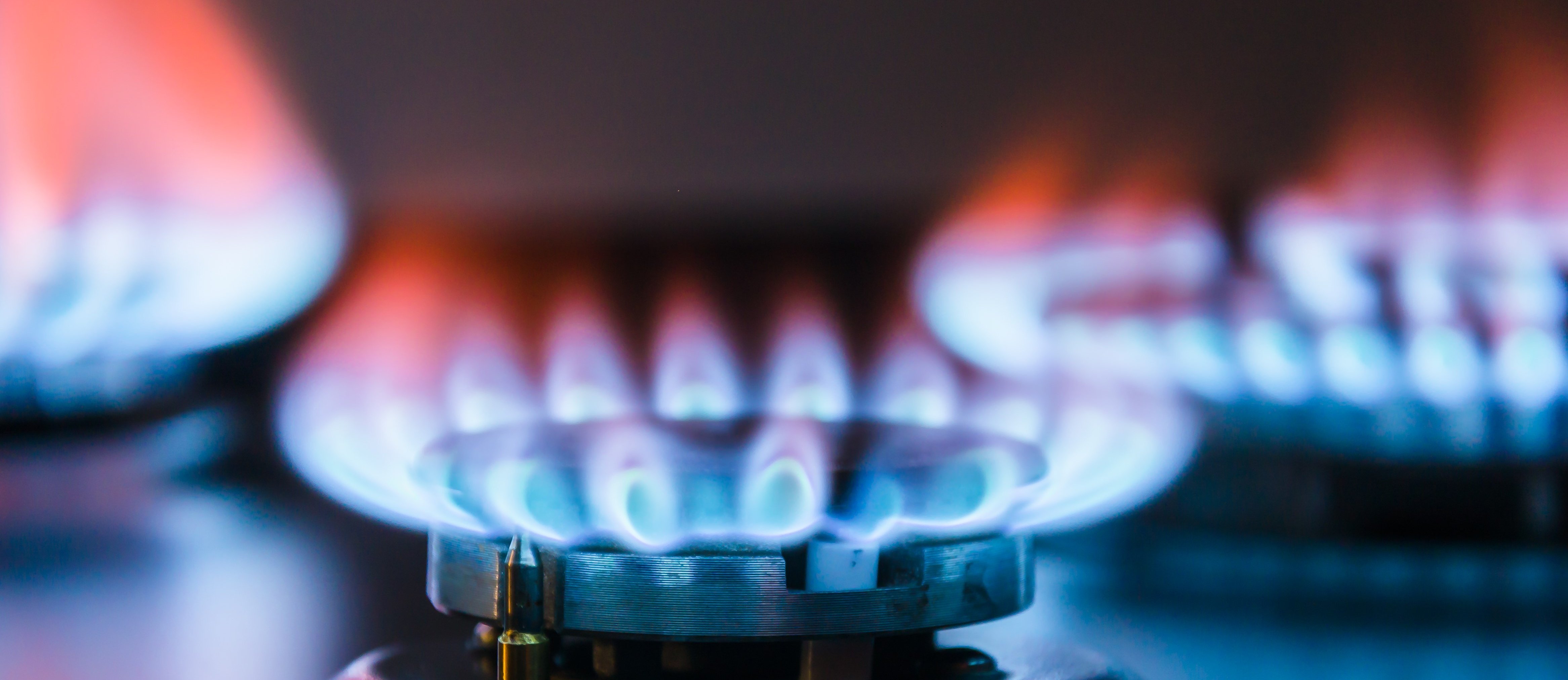 BergGas Klassik Nahaufnahme roter und blauer Gasflammen an einem Herd